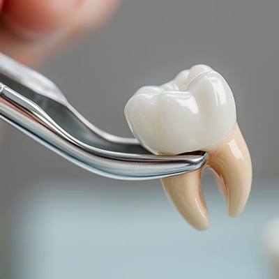 Digital image of extracted tooth held in dental forceps