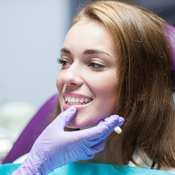 Dentist examining woman’s smile