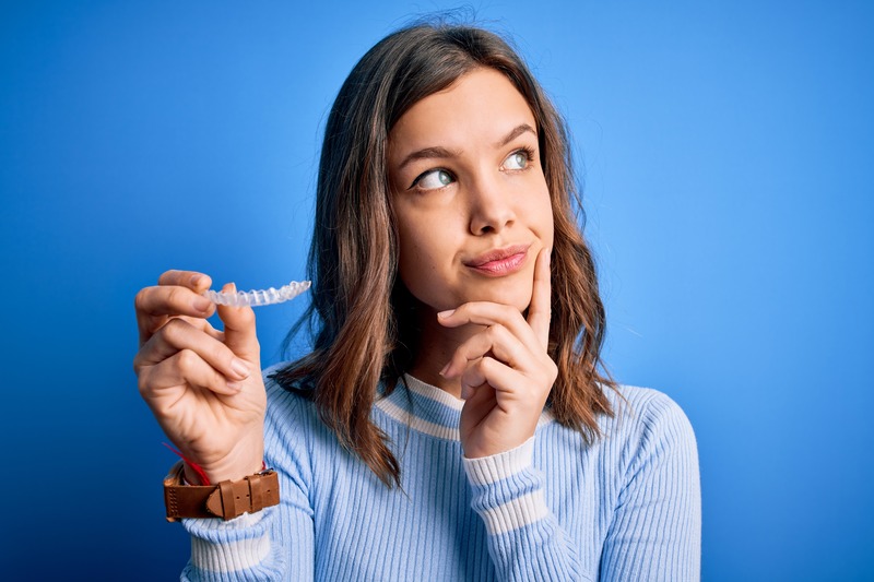 Woman pondering her Invisalign treatment